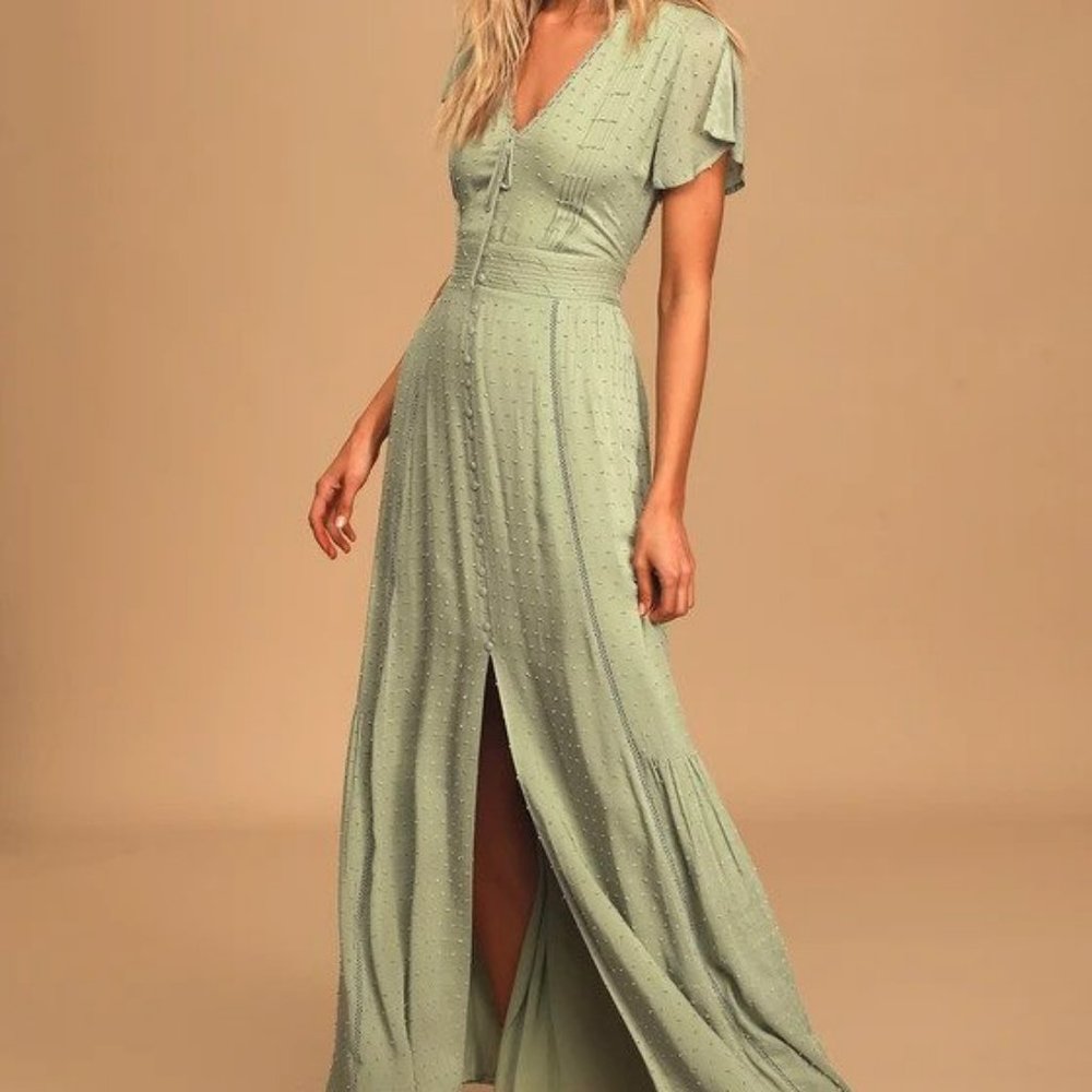 Lulu's Completely In Love Sage Green Swiss Dot Button-Front Midi Dress